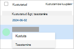 Kustutatud kontakti kuvatõmmis ja ripploendist nupu Taasta valimine