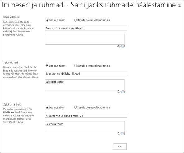 Saidi jaoks rühmade häälestamise dialoogiboks