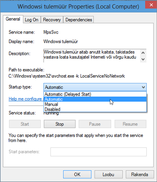 Windowsi otsingu atribuutide dialoogiboksi kuvatõmmis, millel on kujutatud käivitustüübi jaoks valitud säte Automaatne.