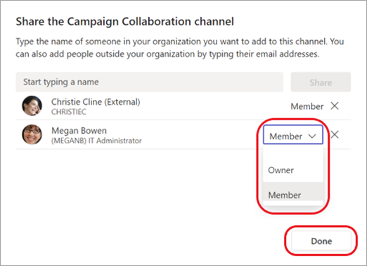Screenshot showing how to change a channel member to a channel owner