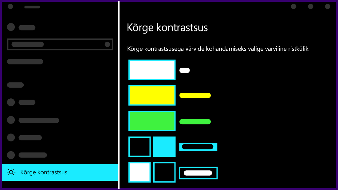 Pilt suure kontrastsuse sätetest Windows 10.