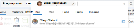 Sisestage otsinguribale tekst, et kuvada otsinguulatuse soovitused (nt Kõik, Meil, Failid, Teams ja Inimesed).