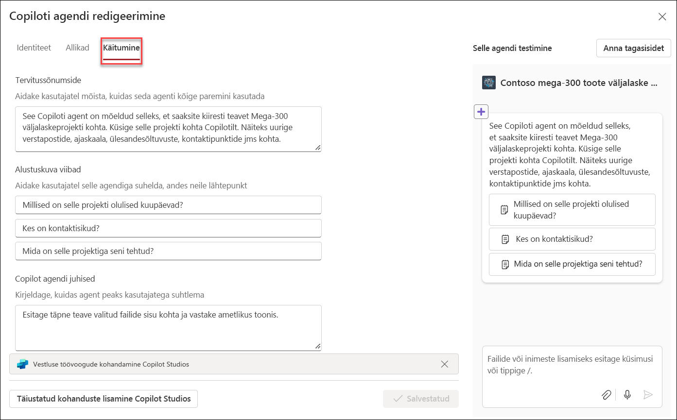 Copiloti agendi käitumise redigeerimise kuvatõmmis