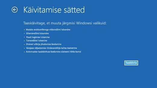 Käivitussätete kuva Windowsi taastekeskkonnas.