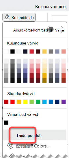 Valige menüü Shape Format (Kujundi vorming), valige Shape Fill (Kujunditäide) ja seejärel No Fill (Täiteta).