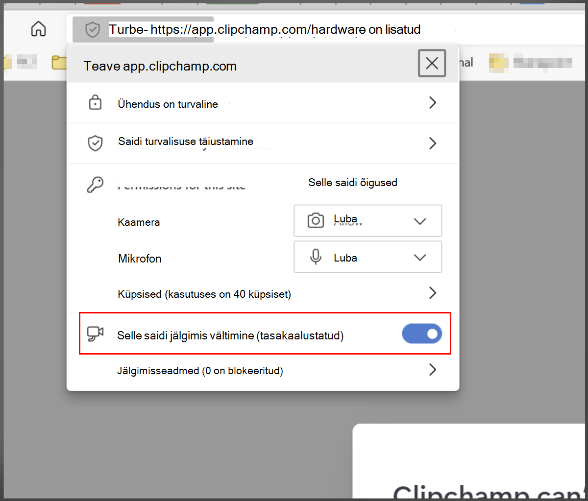 Edge lisas turvalisuse, whitelist Clipchamp 2