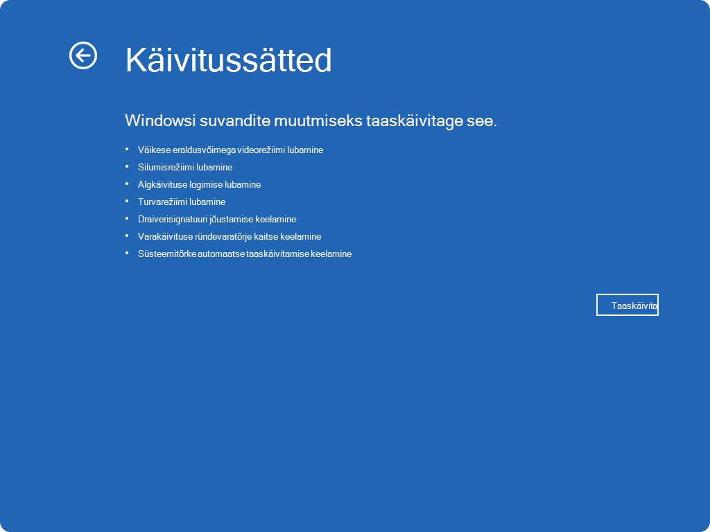 Windowsi RE - käivitussätete kuvatõmmis.