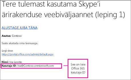 Näide tervitussõnumist, mille saite pärast Skype'i ärirakendus Online'i kasutajaks registreerumist. See sisaldab teie Office 365 kasutaja ID-t.
