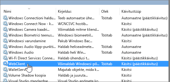 Services.msc, kus on esile tõstetud WebClient
