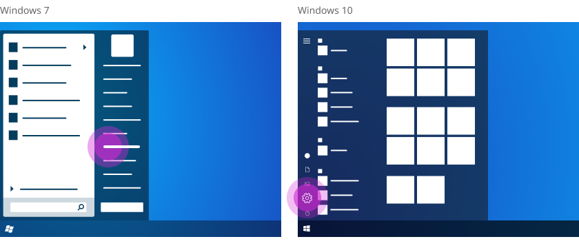 Juhtpaneeli võrdlus Windows 7 ja Sätted Windows 10.