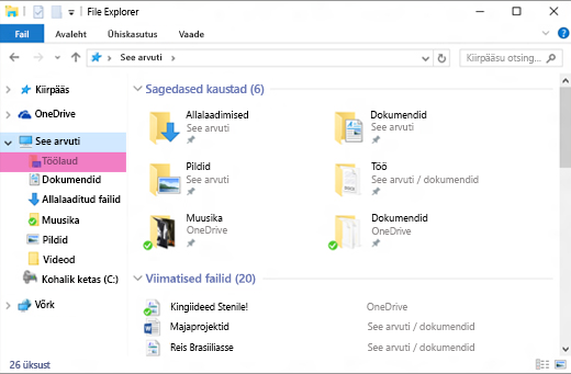 Windowsi faili Exploreri aken, kus on vasakpoolsel paanil esile tõstetud "töölaud"