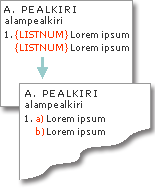 LISTNUM-väljad, mida kasutatakse tähtede genereerimiseks numbritega samadel ridadel