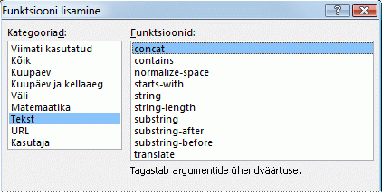 Concat function selected in Insert Function dialog box