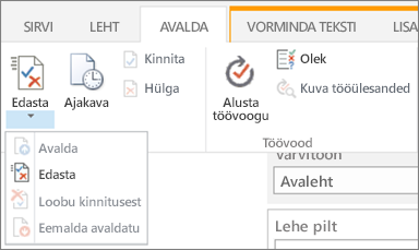 Menüü Avalda nupud Edasta ja Avalda redigeerimisrežiimis