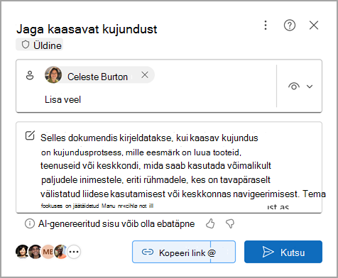 Word dokumendi ühiskasutus Copilotiga loodud kokkuvõttega Microsofti Word veebirakenduses.