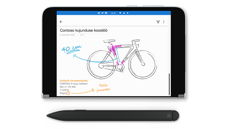 Surface Duo koos joonistusega OneNote ' is ja selle kõrval asuvale pinnale Slim-pliiats