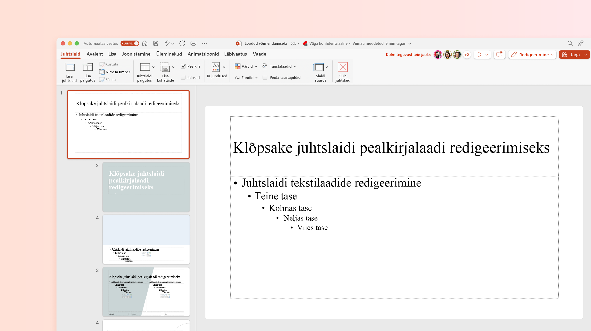 Kuvatõmmis, mis näitab PowerPointi malli juhtslaidi.