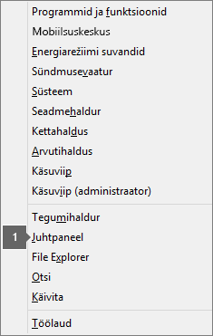 Windowsi logoga klahvi + klahvi X vajutamise järel kuvatavate suvandite ja käskude loend