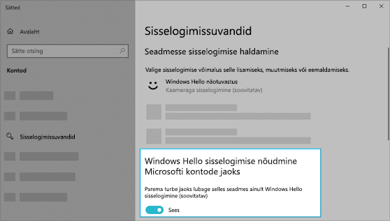 Valik, mis võimaldab Windows Hellod kasutada Microsofti kontodele sisselogimiseks, on sisse lülitatud.