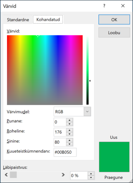 Värvivalija Office rakendustes. RGB-väljade all on uus väli Hex-i värviväärtuse sisestamiseks.