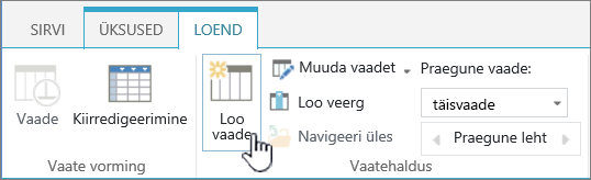 SharePointi teegi loomise vaate nupp lindil.