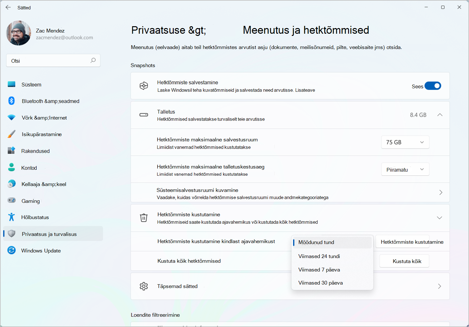 Kuvatõmmis Windowsi sätete Meenutus & hetktõmmiste lehe salvestussuvanditest