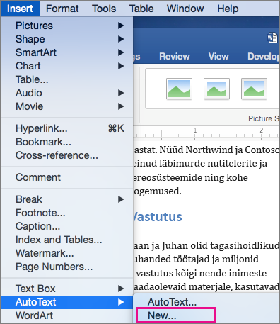 Insert menu with AutoText > New is highlighted.