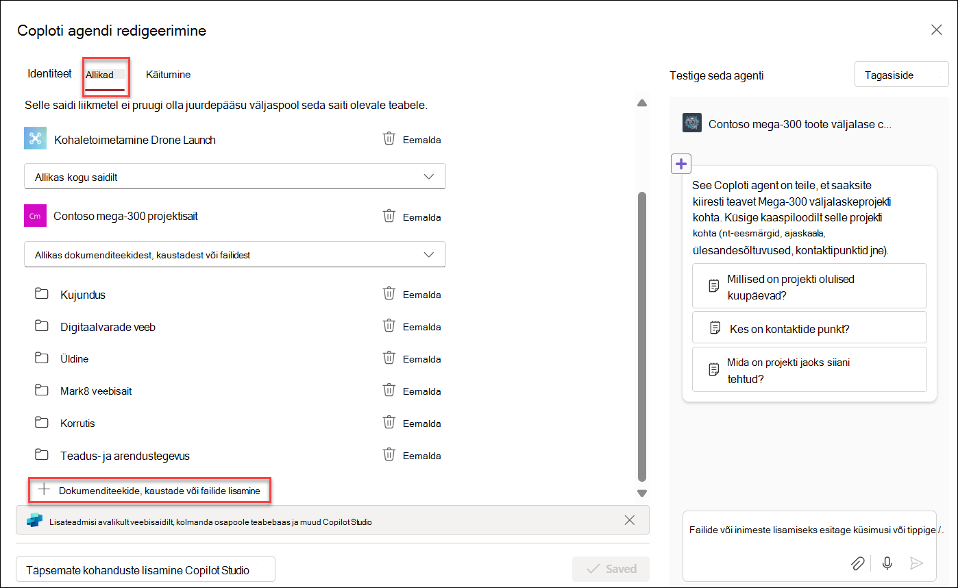 Copiloti agenti teaberessursside lisamise kuvatõmmis