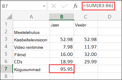 Excel veebi automaatsumma valemi kasutamine