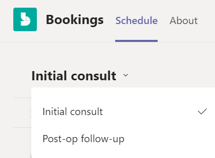 Appointment type dropdown in Bookings app
