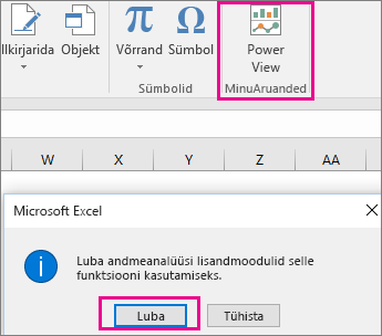 Kohandatud liigendvaate nupp ja dialoog, mis lülitab Excelis sisse lisandmooduli