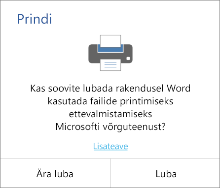 Androidi seadmetes kuvatav Office’i dialoogiboks, milles küsitakse luba printimiseks