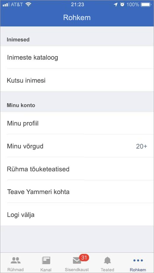 iOS-i Yammeri leht, kus on loetletud rohkem suvandeid