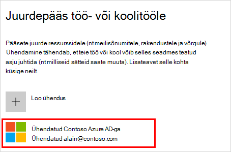 Kuvatõmmis, kus on kuvatud aken "Access work or school" (Accessi töö- või kooliaken), kus on valitud konto "Connected to (your organization) Azure AD" (Ühendatud (teie asutus) Azure AD).