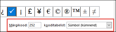 Väljal „kooditabelist“ kuvatakse teavet, et tegemist on ASCII sümboliga