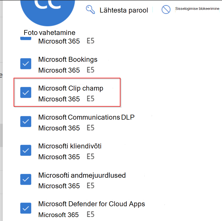 Clipchamp kuvatakse teenusena Microsoft 365 organisatsiooni kasutajale määratud rakenduste ja litsentside loendis