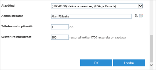 Dialoogiboksi „Uus saidikogum“ jaotised Ajavöönd ja Limiidid.