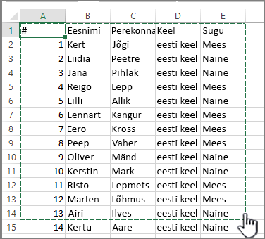 Exceli arvutustabel, milles on esile tõstetud vahemik