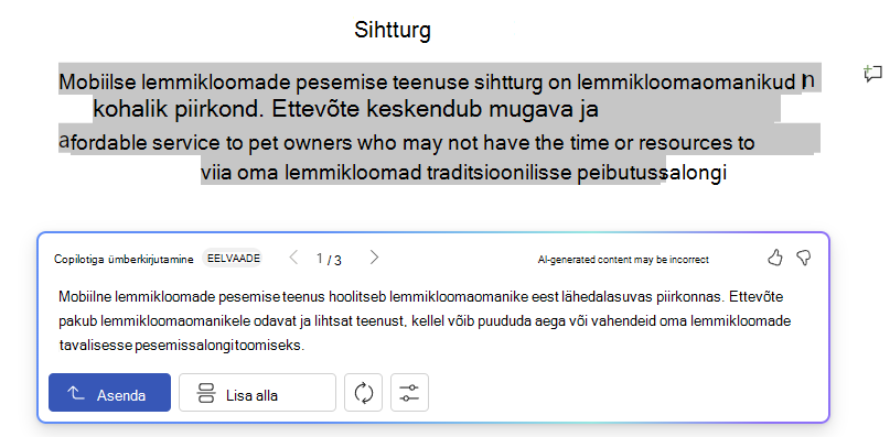Kuvatõmmis Wordi Copilotist koos teksti ümberkirjutamise soovituste ja valikutega