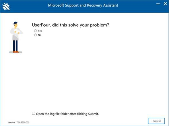 Microsoft tugi- ja taasteteenuste abiline aken küsib – <kasutaja>, kas see lahendas teie probleemi?