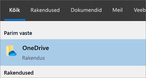 OneDrive'i töölauarakenduse Windows 10 otsimise kuvatõmmis