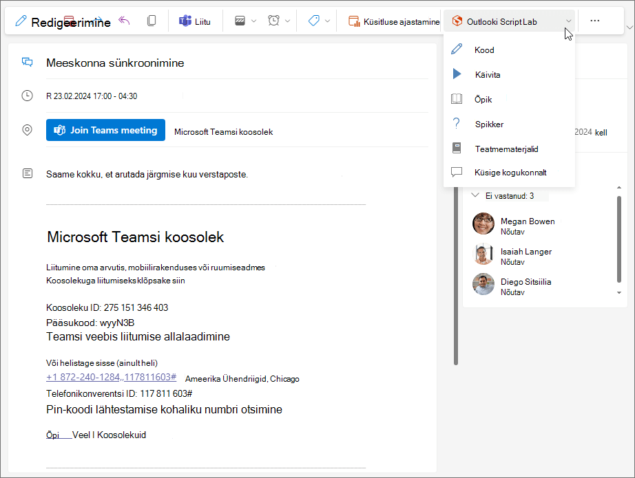 Outlooki veebirakendus ja uue Rakenduse Outlook for Windows koosolekul kasutatav näidis lisandmoodum.
