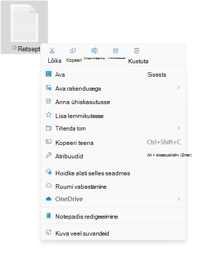 Kuvatõmmis faili kontekstimenüüst, kus on kuvatud uued lõikamise/kopeerimise/ümbernimetamise/ jagamise/kustutamise suvandid.