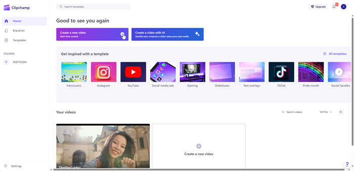 Clipchamp home page with hand icon on 'Create a new video' tab.
