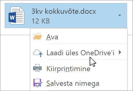 Kuvatõmmis Outlooki sõnumikoosteaknast, kus on kuvatud manustatud fail ja valitud käsk Laadi üles.