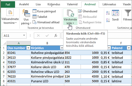 Exceli arvutustabel koos imporditud loendi ja nupu „Värskenda kõik” esiletõstuga.