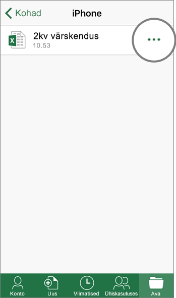 Kuvatõmmis iOS-i seadmesse installitud Exceli versioonis avatud aknast Kohad > iPhone.