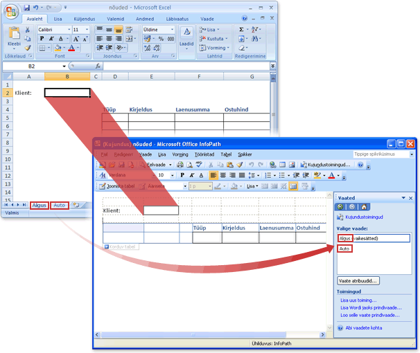 Exceli töövihik enne ja pärast InfoPathi vormimalliks teisendamist