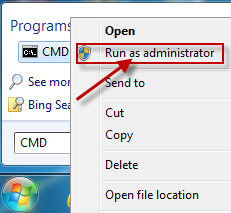 Right-click cmd.exe, and then click Run as Administrator.