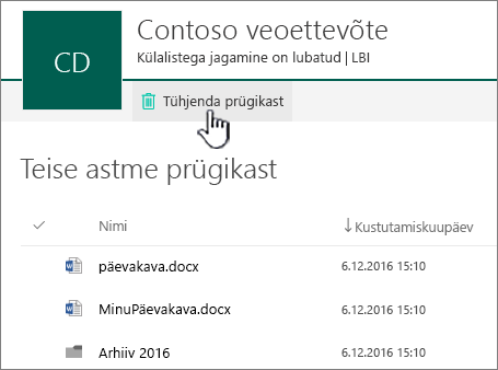 SharePoint Online’i teise astme prügikast, kus on esile tõstetud nupp „Tühjenda prügikast“